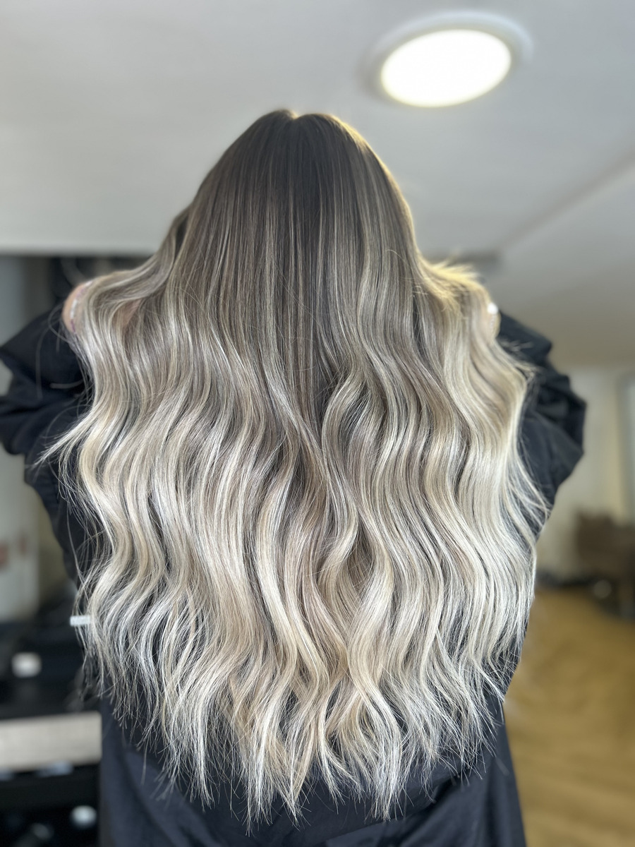 Dark root melt into ash blonde balayage
